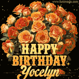 Animated bouquet of orange roses with moving butterfles and golden 'Happy Birthday Yocelyn' text, surrounded by sparkling accents and a dark backdrop for a luxurious feel.