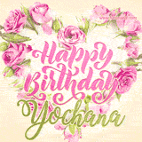A stunning heart made of pink roses surrounds the elegant script text 'Happy Birthday Yochana' on a soft beige background. Animated sparkles add a magical and festive feel.