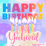 A vibrant animated name GIF with the words 'Happy Birthday Yocheved' with colorful candles on a creamy cake. The background sparkles with pastel shades, adding a festive touch.