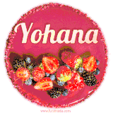 Beautifully decorated red velvet berry birthday cake with vibrant fruits and a glowing 'Yohana' name, adding a touch of sweetness and sparkle.