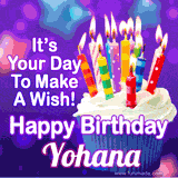 A colorful birthday GIF for Yohana featuring a cupcake with vibrant lit candles and the text 'It's Your Day to Make a Wish! Happy Birthday Yohana' in bold letters on a festive purple background.