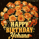 Animated bouquet of orange roses with moving butterfles and golden 'Happy Birthday Yohana' text, surrounded by sparkling accents and a dark backdrop for a luxurious feel.