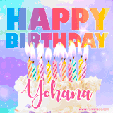 A vibrant animated name GIF with the words 'Happy Birthday Yohana' with colorful candles on a creamy cake. The background sparkles with pastel shades, adding a festive touch.