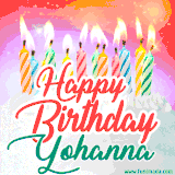 Bright birthday candles with rainbow flames on a cake, alongside the text 'Happy Birthday Yohanna' in vibrant script in this celebratory animated GIF.