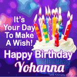 A colorful birthday GIF for Yohanna featuring a cupcake with vibrant lit candles and the text 'It's Your Day to Make a Wish! Happy Birthday Yohanna' in bold letters on a festive purple background.