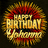Golden 'Happy Birthday Yohanna' text accompanied by animated rainbow fireworks for a festive animated greeting.