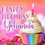 A vibrant birthday GIF featuring a rainbow-colored cupcake topped with white frosting, sprinkles, and a lit candle. The text reads 'Happy Birthday Yohanna' in bold pink and violet letters with white outline.