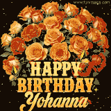 Animated bouquet of orange roses with moving butterfles and golden 'Happy Birthday Yohanna' text, surrounded by sparkling accents and a dark backdrop for a luxurious feel.