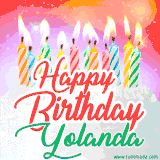 Bright birthday candles with rainbow flames on a cake, alongside the text 'Happy Birthday Yolanda' in vibrant script in this celebratory animated GIF.