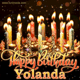 A glowing personalized birthday GIF with name Yolanda featuring lit candles with intricate designs, warm lighting, and the text 'Happy Birthday' in an elegant font.