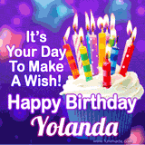 A colorful birthday GIF for Yolanda featuring a cupcake with vibrant lit candles and the text 'It's Your Day to Make a Wish! Happy Birthday Yolanda' in bold letters on a festive purple background.