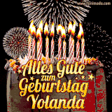 A chocolate birthday cake with glowing candles, the German text 'Alles Gute zum Geburtstag Yolanda,' and vibrant fireworks lighting up the background in an animated GIF.
