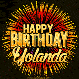 Golden 'Happy Birthday Yolanda' text accompanied by animated rainbow fireworks for a festive animated greeting.