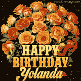 Animated bouquet of orange roses with moving butterfles and golden 'Happy Birthday Yolanda' text, surrounded by sparkling accents and a dark backdrop for a luxurious feel.