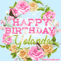 A charming animated GIF featuring 'Happy Birthday Yolanda' in pink and green text, surrounded by delicate roses, leaves, and fluttering butterflies on a soft light blue pastel background.