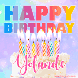 A vibrant animated name GIF with the words 'Happy Birthday Yolande' with colorful candles on a creamy cake. The background sparkles with pastel shades, adding a festive touch.