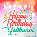 Bright birthday candles with rainbow flames on a cake, alongside the text 'Happy Birthday Yolihuani' in vibrant script in this celebratory animated GIF.