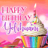 A vibrant birthday GIF featuring a rainbow-colored cupcake topped with white frosting, sprinkles, and a lit candle. The text reads 'Happy Birthday Yolihuani' in bold pink and violet letters with white outline.