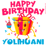 A vibrant and funny gift box character with a happy face dancing with a cupcake and the text 'Happy Birthday Yolihuani,' surrounded by animated confetti and party vibes.