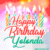 Bright birthday candles with rainbow flames on a cake, alongside the text 'Happy Birthday Yolonda' in vibrant script in this celebratory animated GIF.
