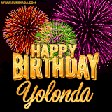 A golden 'Happy Birthday Yolonda' message with vibrant fireworks in the background, creating a festive and celebratory vibe in this animated name GIF.