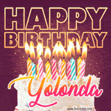 A colorful birthday cake topped with lit candles, with the words 'Happy Birthday Yolonda' in bold glowing letters on a burgundy background. Animated flames add a festive touch.
