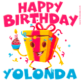 A vibrant and funny gift box character with a happy face dancing with a cupcake and the text 'Happy Birthday Yolonda,' surrounded by animated confetti and party vibes.