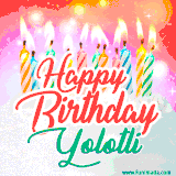 Bright birthday candles with rainbow flames on a cake, alongside the text 'Happy Birthday Yolotli' in vibrant script in this celebratory animated GIF.