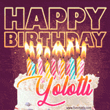A colorful birthday cake topped with lit candles, with the words 'Happy Birthday Yolotli' in bold glowing letters on a burgundy background. Animated flames add a festive touch.