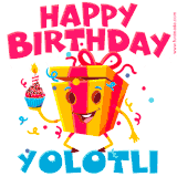 A vibrant and funny gift box character with a happy face dancing with a cupcake and the text 'Happy Birthday Yolotli,' surrounded by animated confetti and party vibes.