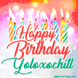 Bright birthday candles with rainbow flames on a cake, alongside the text 'Happy Birthday Yoloxochitl' in vibrant script in this celebratory animated GIF.