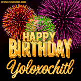 A golden 'Happy Birthday Yoloxochitl' message with vibrant fireworks in the background, creating a festive and celebratory vibe in this animated name GIF.
