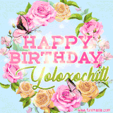 A charming animated GIF featuring 'Happy Birthday Yoloxochitl' in pink and green text, surrounded by delicate roses, leaves, and fluttering butterflies on a soft light blue pastel background.