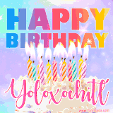 A vibrant animated name GIF with the words 'Happy Birthday Yoloxochitl' with colorful candles on a creamy cake. The background sparkles with pastel shades, adding a festive touch.