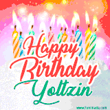 Bright birthday candles with rainbow flames on a cake, alongside the text 'Happy Birthday Yoltzin' in vibrant script in this celebratory animated GIF.