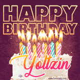 A colorful birthday cake topped with lit candles, with the words 'Happy Birthday Yoltzin' in bold glowing letters on a burgundy background. Animated flames add a festive touch.