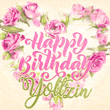 A stunning heart made of pink roses surrounds the elegant script text 'Happy Birthday Yoltzin' on a soft beige background. Animated sparkles add a magical and festive feel.