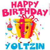 A vibrant and funny gift box character with a happy face dancing with a cupcake and the text 'Happy Birthday Yoltzin,' surrounded by animated confetti and party vibes.