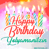 Bright birthday candles with rainbow flames on a cake, alongside the text 'Happy Birthday Yolyamanitzin' in vibrant script in this celebratory animated GIF.