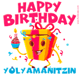 A vibrant and funny gift box character with a happy face dancing with a cupcake and the text 'Happy Birthday Yolyamanitzin,' surrounded by animated confetti and party vibes.