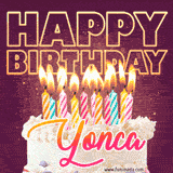A colorful birthday cake topped with lit candles, with the words 'Happy Birthday Yonca' in bold glowing letters on a burgundy background. Animated flames add a festive touch.