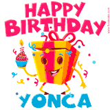 A vibrant and funny gift box character with a happy face dancing with a cupcake and the text 'Happy Birthday Yonca,' surrounded by animated confetti and party vibes.