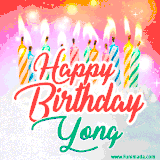 Bright birthday candles with rainbow flames on a cake, alongside the text 'Happy Birthday Yong' in vibrant script in this celebratory animated GIF.