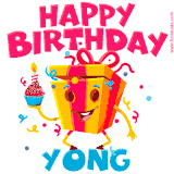 A vibrant and funny gift box character with a happy face dancing with a cupcake and the text 'Happy Birthday Yong,' surrounded by animated confetti and party vibes.