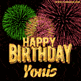Wishing You A Happy Birthday, Yonis! Best fireworks GIF animated greeting card.