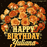 Animated bouquet of orange roses with moving butterfles and golden 'Happy Birthday Yuliana' text, surrounded by sparkling accents and a dark backdrop for a luxurious feel.