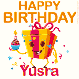 A vibrant and funny gift box character with a happy face dancing with a cupcake and the text 'Happy Birthday Yusra,' surrounded by animated confetti and party vibes.