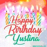 Bright birthday candles with rainbow flames on a cake, alongside the text 'Happy Birthday Yustina' in vibrant script in this celebratory animated GIF.
