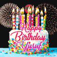 Amazing Animated GIF Image for Yusuf with Birthday Cake and Fireworks