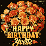 Animated bouquet of orange roses with moving butterfles and golden 'Happy Birthday Yvette' text, surrounded by sparkling accents and a dark backdrop for a luxurious feel.